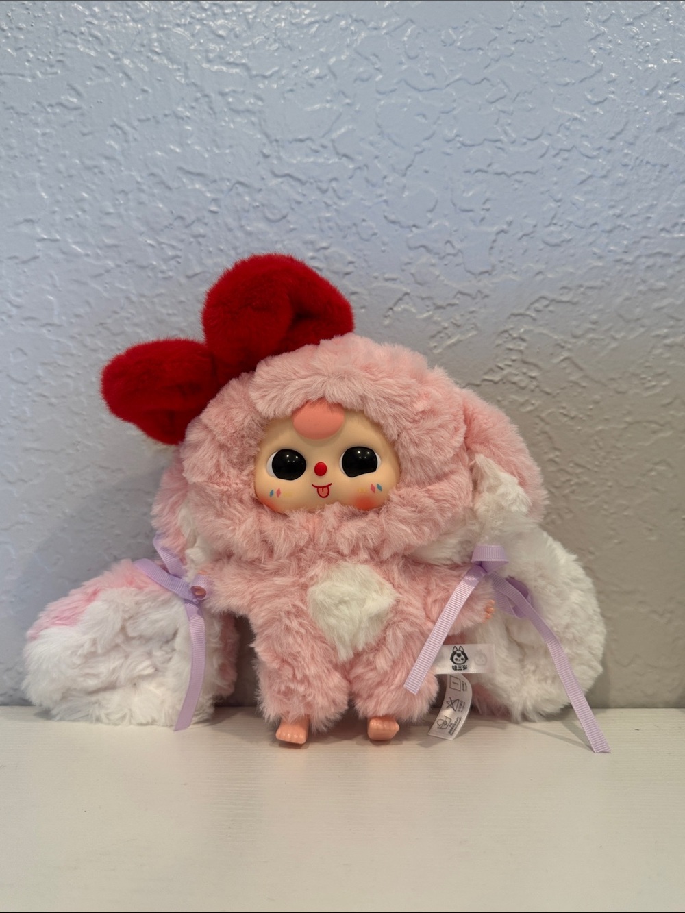 Huge plush keychain pendant - pink bunny with purple bows - moveable eyes